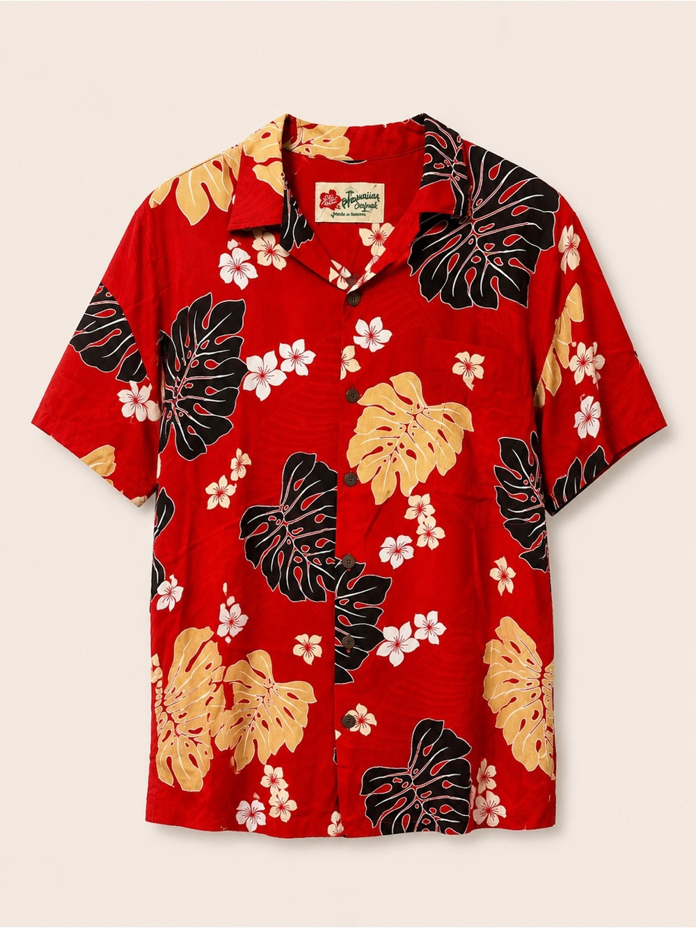 Hilo Hattie Red Hawaiian Shirt with Black and Gold Leaf Print - Picture 1 of 7